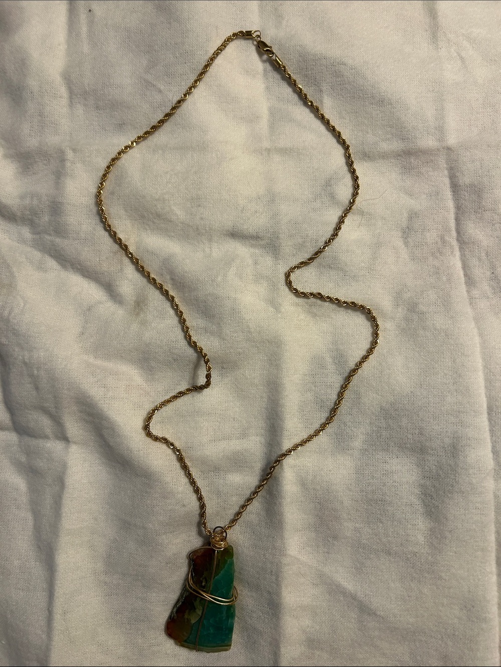 Gold Chain Necklace with Green and Brown Stone Pendant